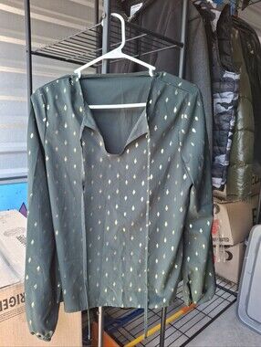 Women's Dark Green Metallic Dot Tie-Neck Blouse